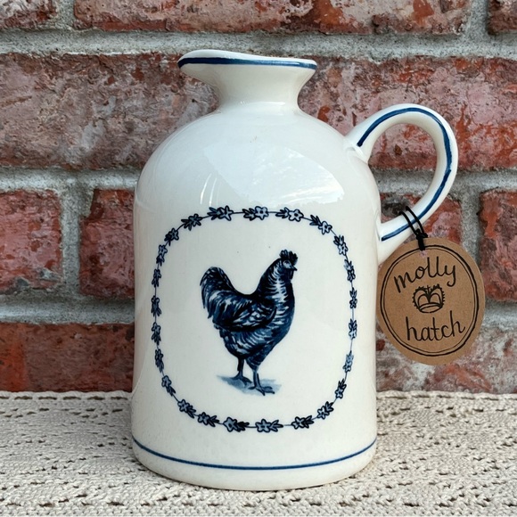 Molly Hatch Anthropologie Blue Rooster Ceramic Jug Pitcher - Picture 1 of 10